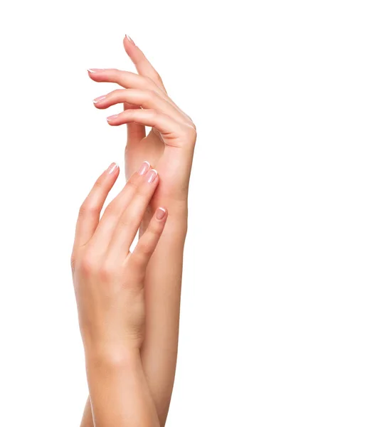 Vrouwelijke Handen Met Franse Manicure Witte Achtergrond — Stockfoto