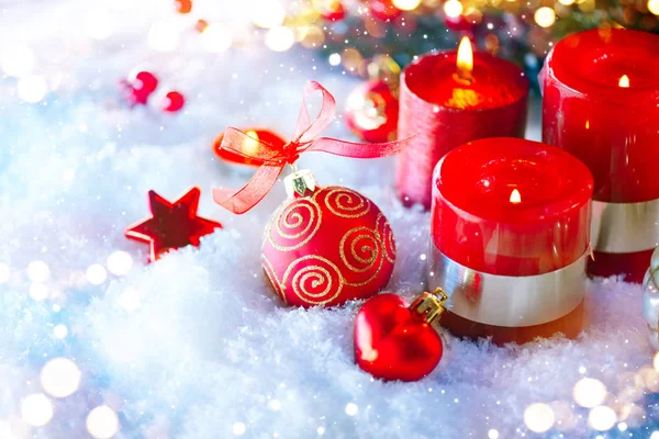 Red Christmas Decorations Candles White Snow Background — Stock Photo, Image