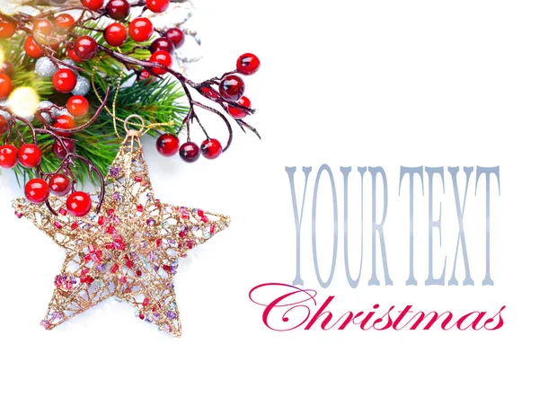 Vánoční Dekorace Větvemi Jedlí Bílém Pozadí Prostorem Pro Text — Stock fotografie