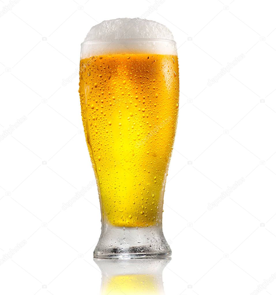 Glass of cold beer with water drops on glass isolated on white background