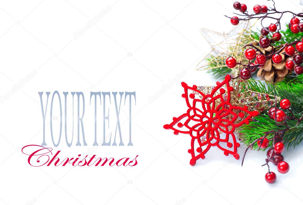 Christmas decoration with fir branches on white background, with space for text