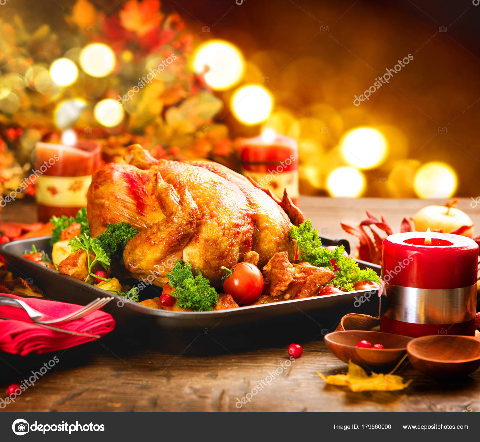 Holiday Roasted Turkey Christmas Dinner Blurred Background Stock Photo
