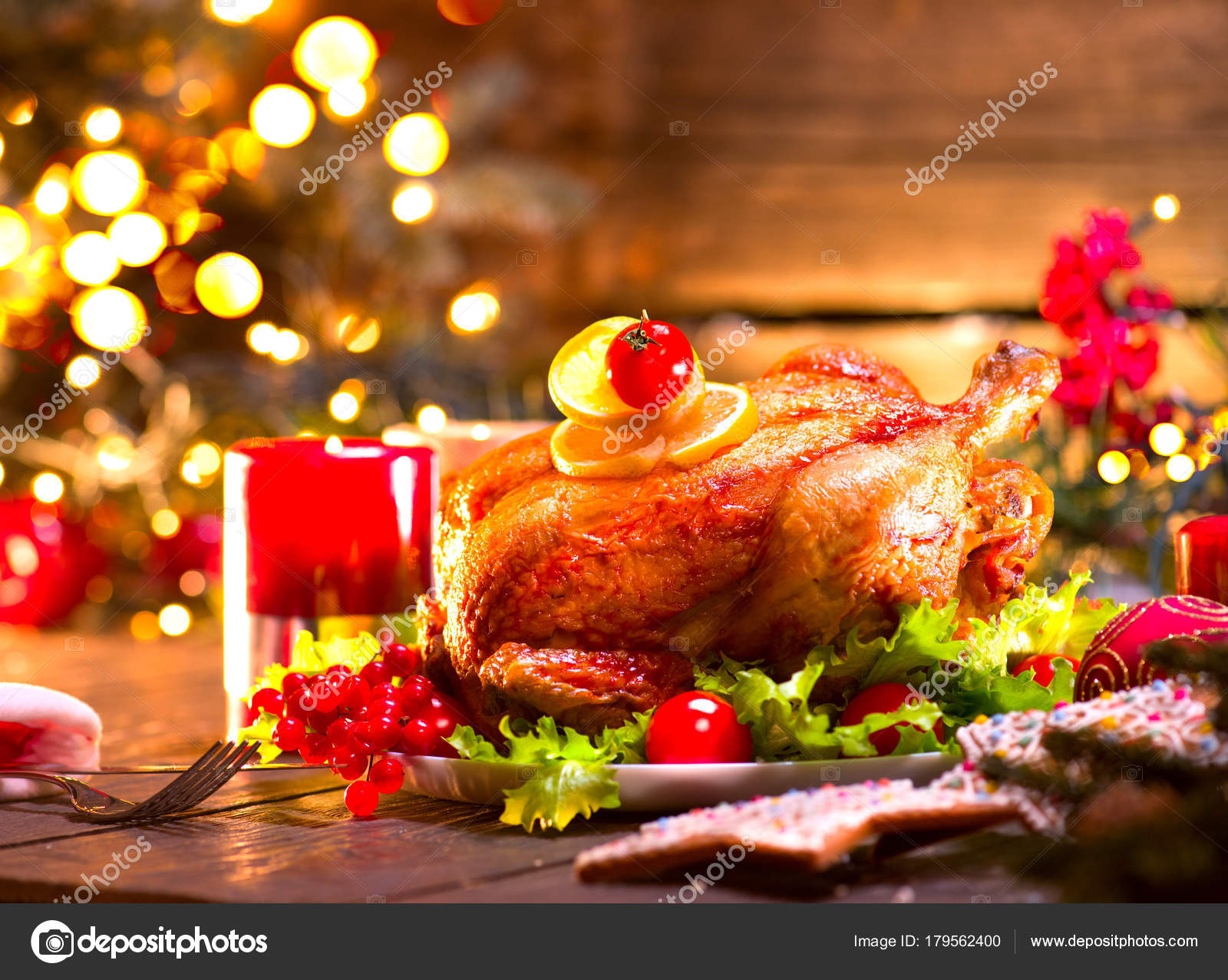 Holiday Roasted Turkey Christmas Dinner Blurred Background Stock Photo