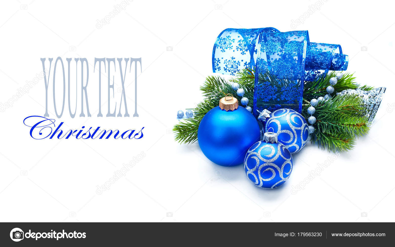 Cartes de voeux boules de noël 3d activité Décoration de Noël avec baubles bleus et branche de sapin sur fond