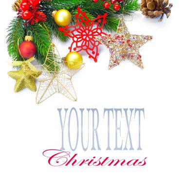 Beyaz arka plan, metin için yer ile dallarda köknar ile Noel dekorasyon