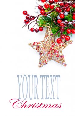 Beyaz arka plan, metin için yer ile dallarda köknar ile Noel dekorasyon