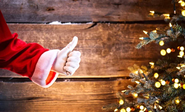 Santa Claus Pulgar Hacia Arriba Gesto Sobre Fondo Madera —  Fotos de Stock