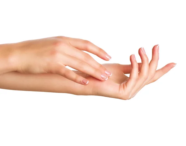 Mãos Femininas Com Manicure Francês Fundo Branco — Fotografia de Stock