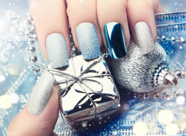 Christmas Nail Art Manicure Silver Colors — Stock Photo, Image