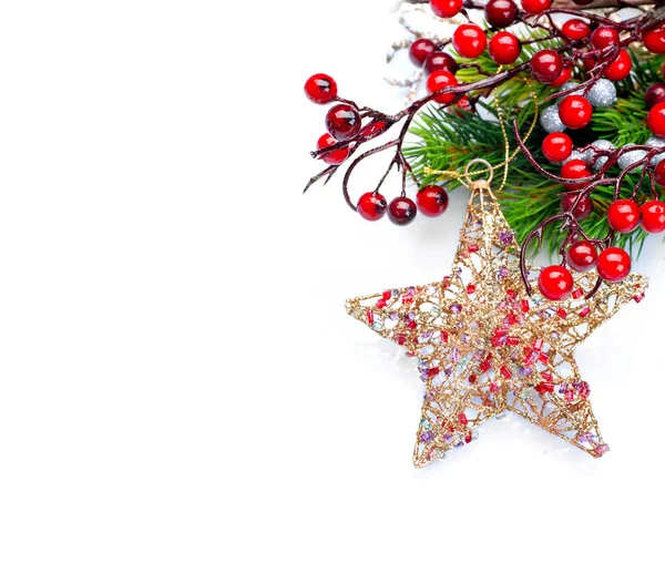 Estrelas Decorativas Natal Com Ramos Abeto Fundo Branco — Fotografia de Stock