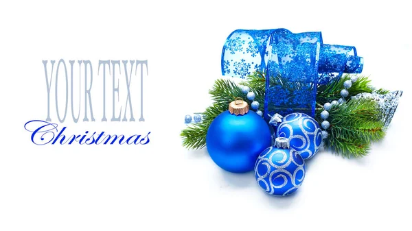 Blue Christmas Decoration Balls Fir Branch Ribbon White Background — Stock Photo, Image