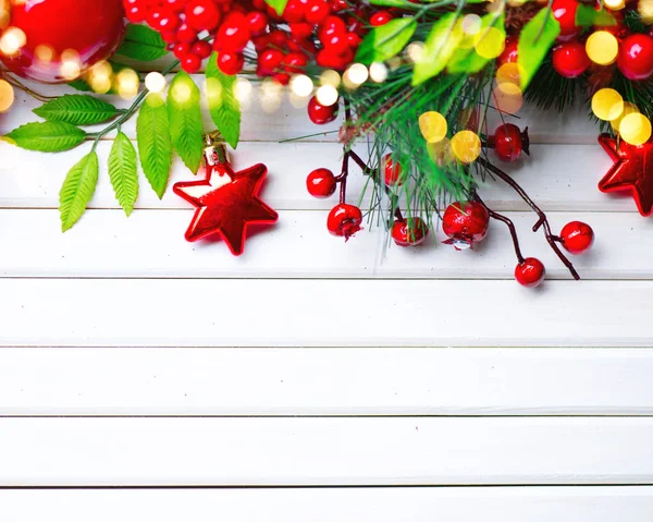 Christmas Decoration Fir Branches Lights White Wooden Background — Stock Photo, Image