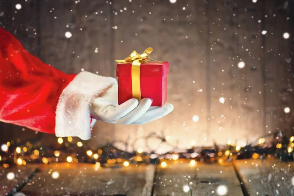 Santa Claus Doos Van Gift Van Kerstmis Houdt Houten Achtergrond — Stockfoto