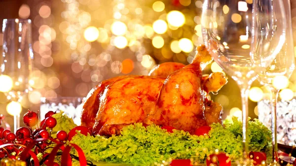 Holiday Roasted Turkey Christmas Dinner Blurred Background — Stock Photo, Image