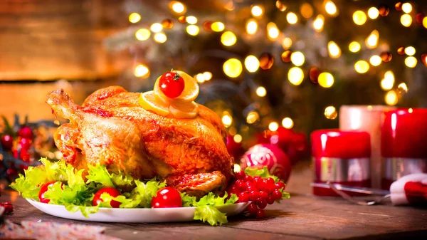 Pavo Asado Navideño Para Cena Navidad Sobre Fondo Borroso — Foto de Stock