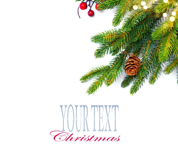 Geschmückte Weihnachtsbaumzweige Isoliert Auf Weiß Mit Platz Für Text — Stockfoto