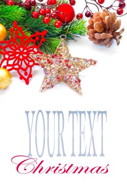 Beyaz arka plan, metin için yer ile dallarda köknar ile Noel dekorasyon