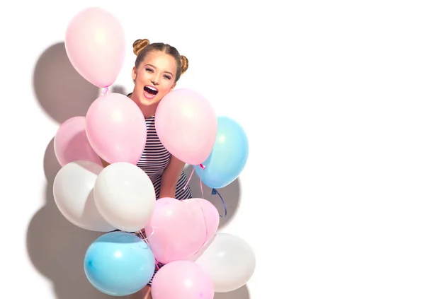 Menina Adolescente Alegre Com Balões Coloridos Divertindo Sobre Fundo Branco — Fotografia de Stock