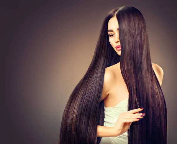Brunette Model Girl Long Straight Black Hair — Stock Photo, Image