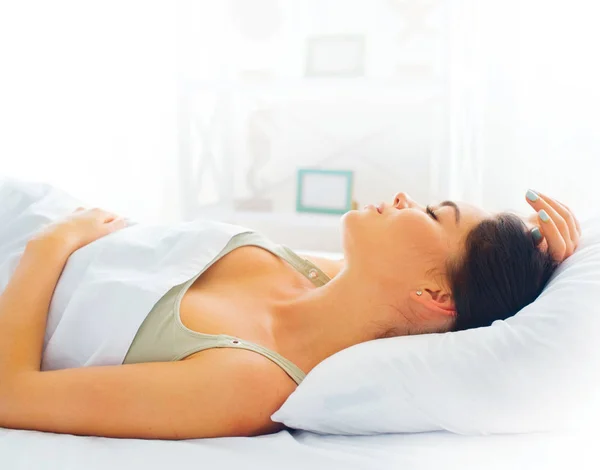 Brunette Girl Sleeping Comfortable Bed Soft Pillow — Stock Photo, Image