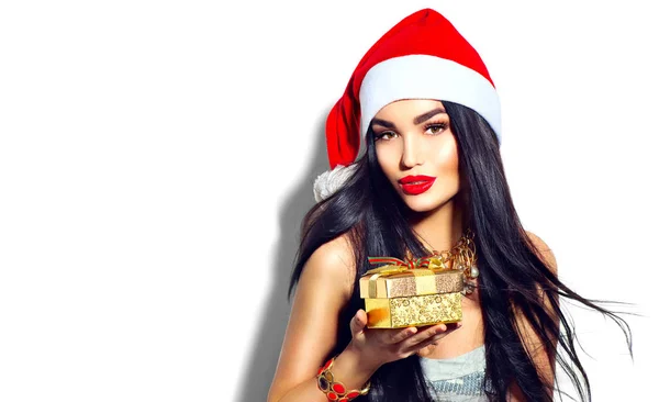 Mode Modell Flicka Med Långt Rakt Hår Röda Santa Hatt — Stockfoto