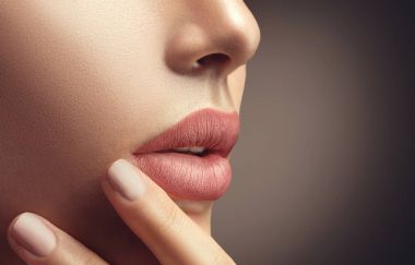 Doğal makyaj ve bej oje ile kadın yüz görünümünü kırpılmış