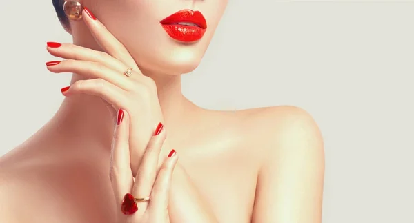 Partial Woman Face Red Lips Red Nails Hands — Stock Photo, Image