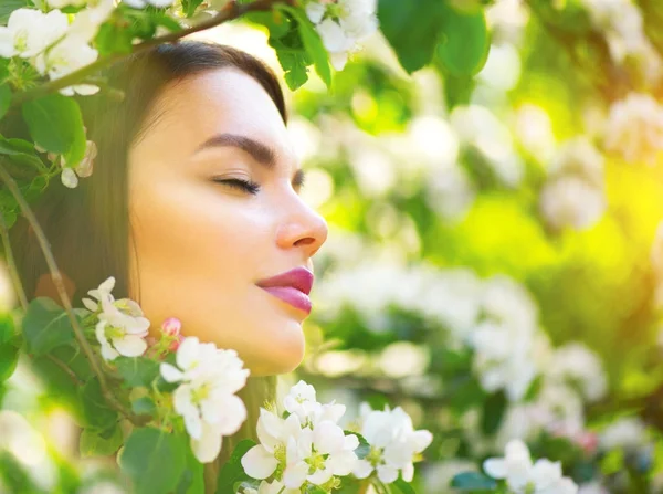 Young Woman Blooming Apple Tree Blurred Background Stock Photo