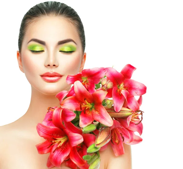 Mujer Con Maquillaje Moda Flores Lirio Rosa Flor —  Fotos de Stock