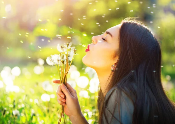 Young Woman Lying Field Grass Blowing Dandelions — Stock Photo, Image