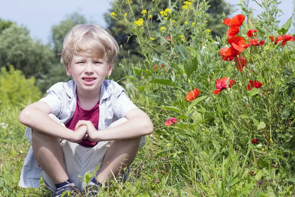 Bom menino loiro senta-se no campo, primavera — Fotografia de Stock