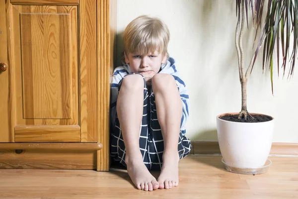 Sad Cute Little Blonde Boy Sits Floor Looks Directly — Stock Photo, Image