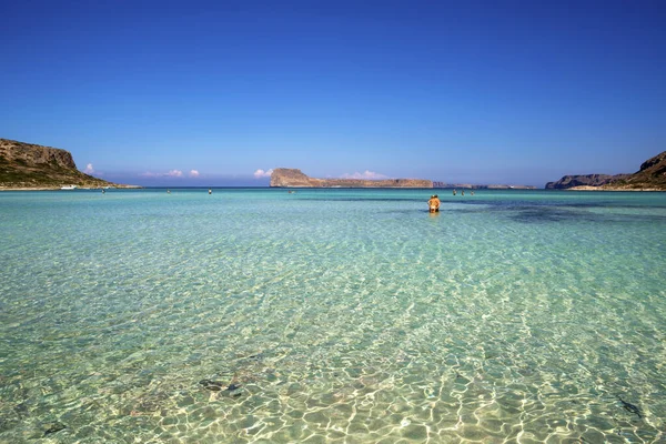 Balos Lagoon Crete Island Greece Tourists Relax Crystal Clear Water — Stock Photo, Image