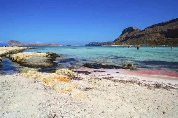 Balos Lagoon Crete Island Greece Pink Sand Tourists Relax Crystal — Stock Photo, Image