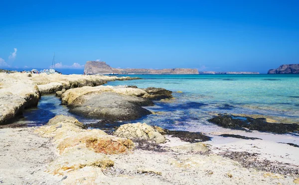 Balos Lagoon Crete Island Greece Tourists Relax Crystal Clear Water — Stock Photo, Image