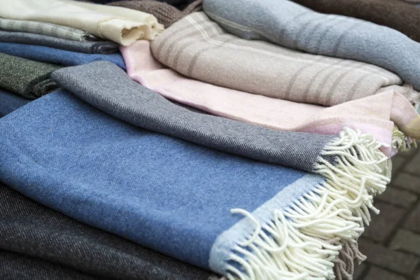 Pile Warm Wool Scarves Traditional Natural Wayr Street Market Fair — Stock Photo, Image