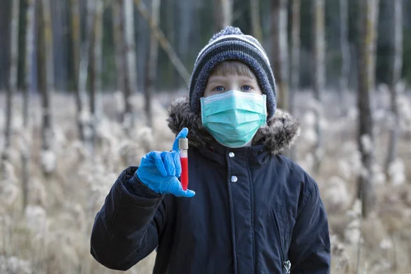 Boy Protective Sterile Medical Mask His Face Holding Test Tube — Stock Photo, Image