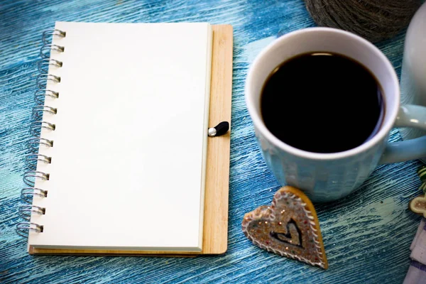 Stock image Festive still life with a cup of coffee, cookies,notebook