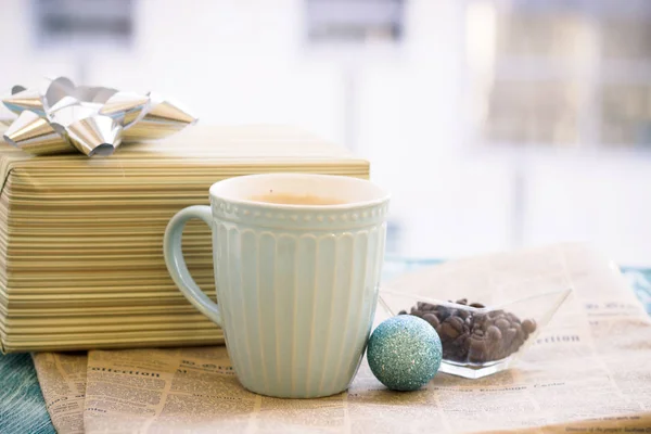 Coffee Cappuccino Blue Beautiful Cup Festive Christ — Stock Photo, Image