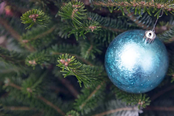 Une boule bleue sur un sapin de Noël — Photo