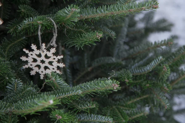 Un fond de Noël de sapin un arbre avec un flocon de neige en bois — Photo