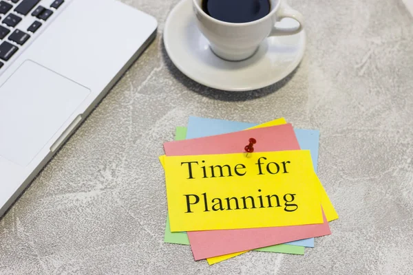 Time for planning inscription, coffee, laptop — Stock Photo, Image