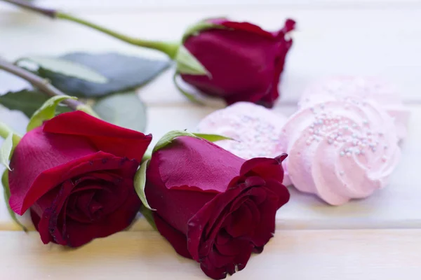 The concept of holidays with red velvet roses — Stock Photo, Image