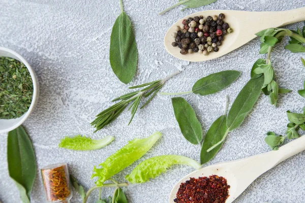 Baharatlar ve otlar ışık taş zemin üzerine set