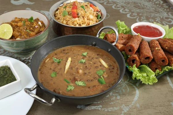 Indian Dal Makhani with Pulav or Vegetable Pulao and Chana Masal — Stock Photo, Image