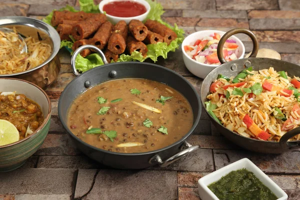 Indian Dal Makhani with Pulav or Vegetable Pulao and Chana Masal — Stock Photo, Image