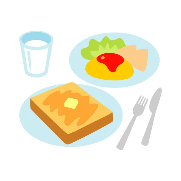 Petit déjeuner, pain grillé et omelette, lait — Photo