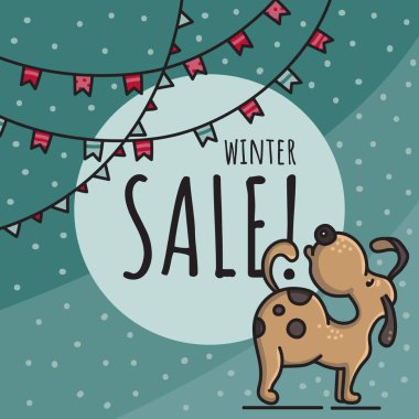 Kış satış elle çizilmiş doodle vektör çizim ile köpek