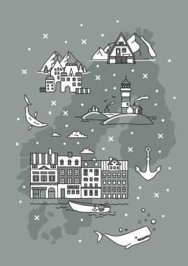 Scandinavia doodle simgeler, bayrak ve harita kümesiyle.