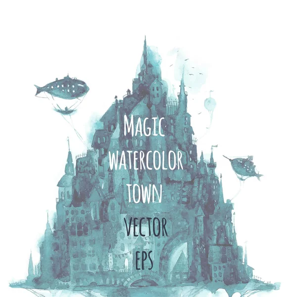 Watercolor vector print with town. — Stock Vector